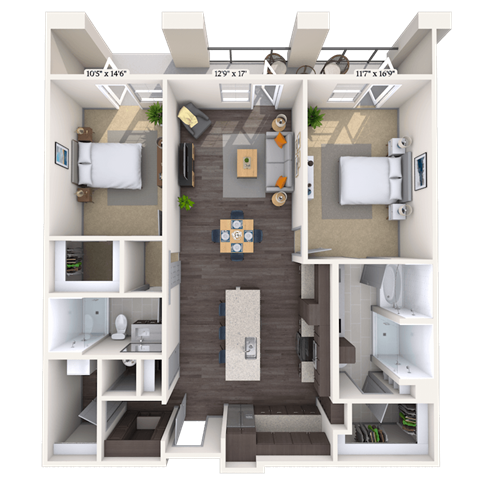 Floor plan for 2 beds, 2 baths, 1298 sqft